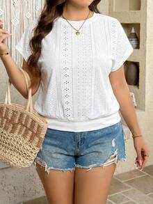 SHEIN LUNE Plus Size Summer Casual Elegant Solid Color Textured T-Shirt Formal White Dinner Office - Multicolor - View 1