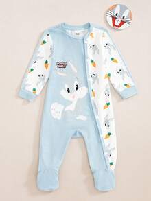 LOONEY TUNES X SHEIN Baby Boy Letter Cartoon Print Casual Daily Wear Jumpsuit Long Pants - Blue - View 1