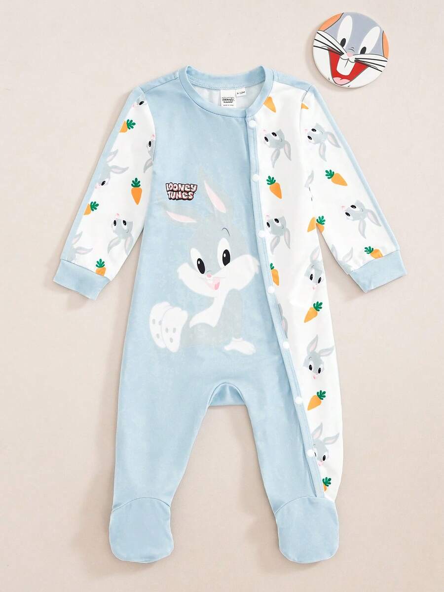 LOONEY TUNES X SHEIN Baby Boy Letter Cartoon Print Casual Daily Wear Jumpsuit Long Pants - Blue - View 1