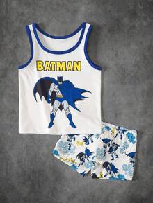 BATMAN X SHEIN 小男孩字母卡通圖案印花背心與短褲居家服套裝 - 白色 - 查看 1