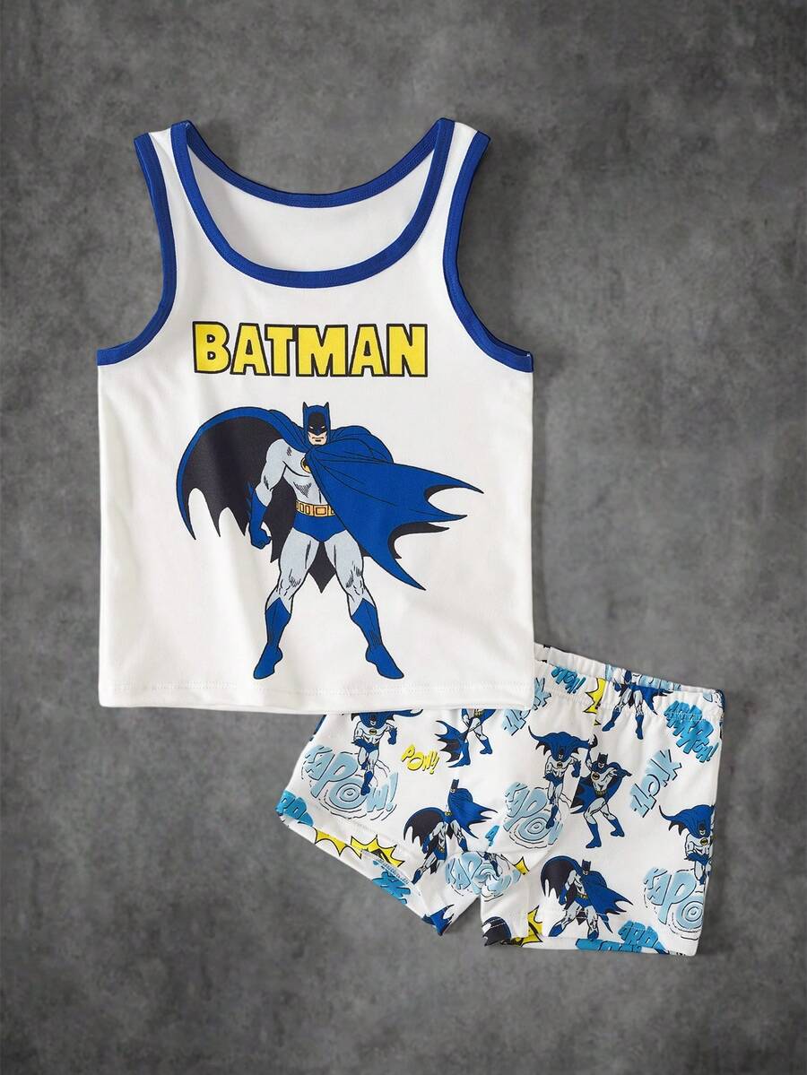 BATMAN X SHEIN 小男孩字母卡通圖案印花背心與短褲居家服套裝 - 白色 - 查看 1