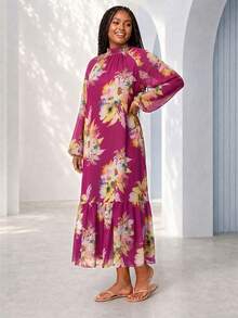ELLERISSA Vestido midi de talla grande con cuello alto, mangas raglán, cintura caída y estampado floral magenta - Multicolor - Ver 4