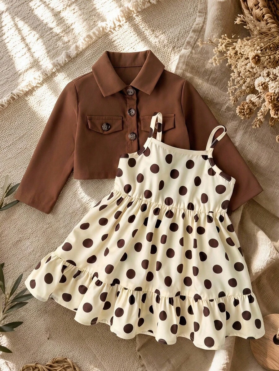 SHEIN LMoss Kids 2件套女婴纯色梭织休闲外套和波点吊带连衣裙套装 - 彩色 - 查看 1