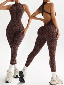 Slayform Slayform 1pc Women's Seamless Leopard Print Yoga Jumpsuit,Front Zipper Stand Collar Racerback Backless Brown Summer Gym Workout Activewear Bodycon Suit - Coffee Brown - View 3