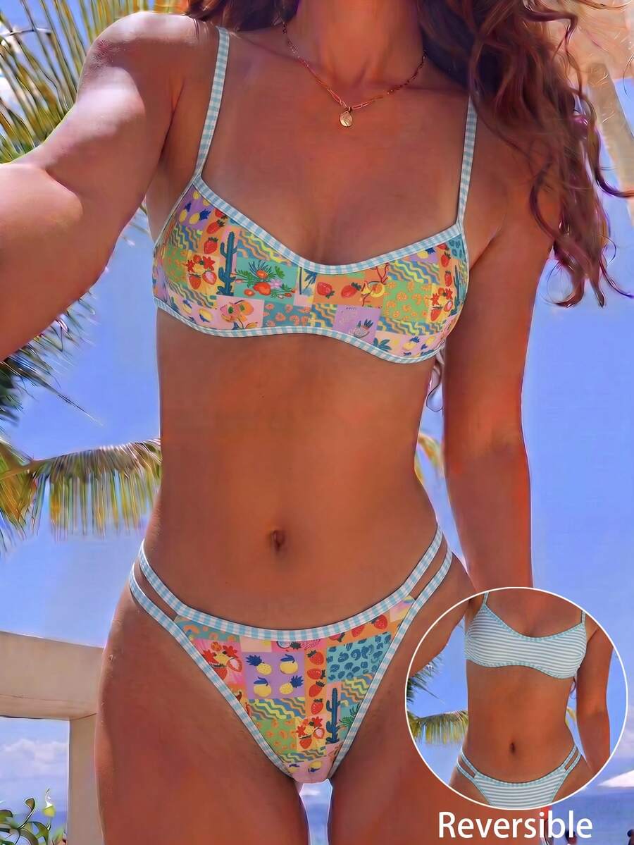 Swim Mod 女款夏季海灘簡約優雅浪漫休閒度假性感甜美可愛時尚泳衣套裝,彩色水果與植物印花條紋印花,可翻面雙面印花,多種穿搭選擇,抹胸微型比基尼,適用於海灘、度假村、水療中心、音樂節、蜜月及休閒度假場合 - 彩色 - 查看 1