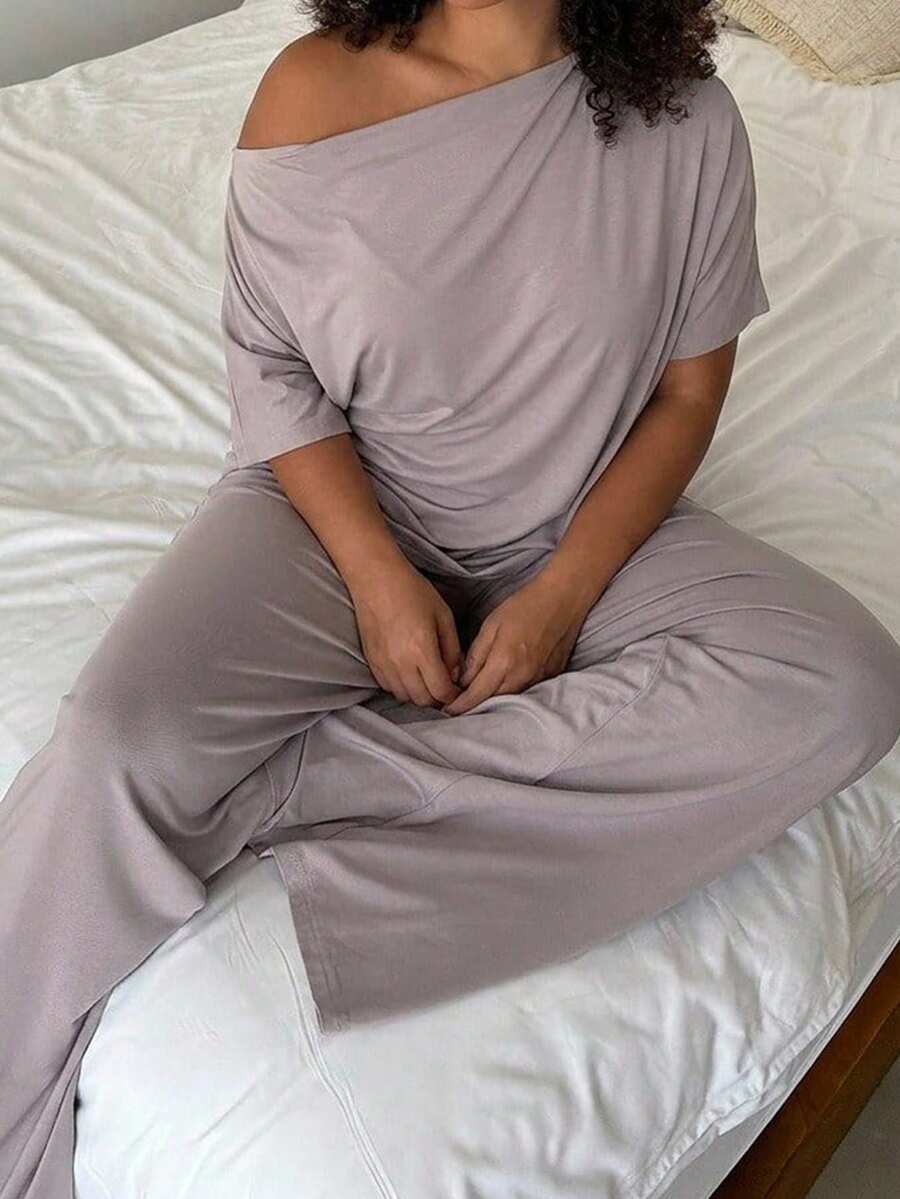 Dazy Plus Plus Size Knitted Ruched Cowl Neck Loose Casual Asymmetrical Cold Shoulder Top And Long Pants 2-Piece Loungewear Set For Spring/Summer - Grey - View 1