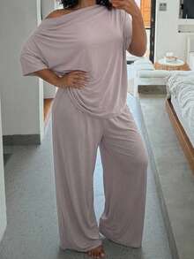 Dazy Plus Plus Size Knitted Ruched Cowl Neck Loose Casual Asymmetrical Cold Shoulder Top And Long Pants 2-Piece Loungewear Set For Spring/Summer - Grey - View 4