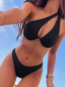 Bonvoyette 2026 Spring/Summer Adjustable Asymmetric Neck Underwire Push-Up Back-Clasp Solid Color High-Cut Bottom 2-Piece Bikini Set - Black - View 2