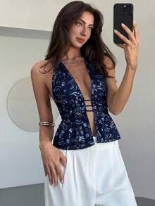 Aloruh Tank Top Wanita Model Halter Neck dengan Tali di Belakang dan Punggung Terbuka, Motif Patchwork dan Payet Warna Biru Tua, Cocok untuk Acara Malam Hari di Musim Panas. - Navy Blue - View 7