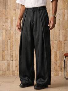 SWAVVY Pantalones de pierna ancha con rayas y pliegues con bolsillos para hombres - Negro - Ver 8