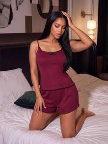 Silforma Minimalist Purple Ribbed Casual Homewear For Women, Suitable For Loungewear Or Sleepwear Two Piece Sleepwear Set Lingerie Sleep Set - Burgundy - View 3