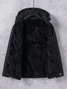 SHEIN 男童戶外運動保暖簡約拉鍊純色防污綠色棉質加厚外套 - 黑色 - 查看 5
