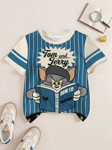 TOM & JERRY X SHEIN 小男孩圓領字母卡通印花休閒百搭日常出遊短袖T恤 - 白色 - 查看 1