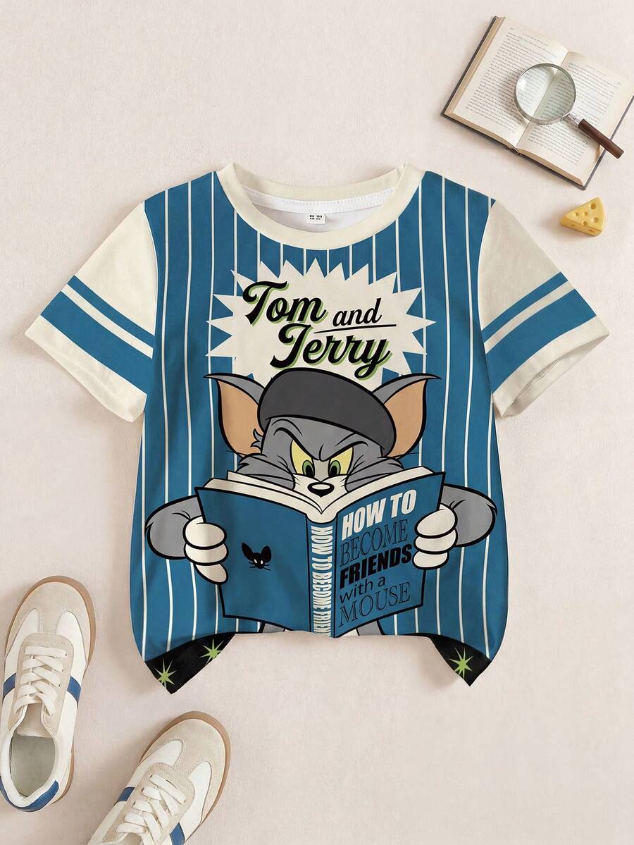 TOM & JERRY X SHEIN 小男孩圓領字母卡通印花休閒百搭日常出遊短袖T恤 - 白色 - 查看 1