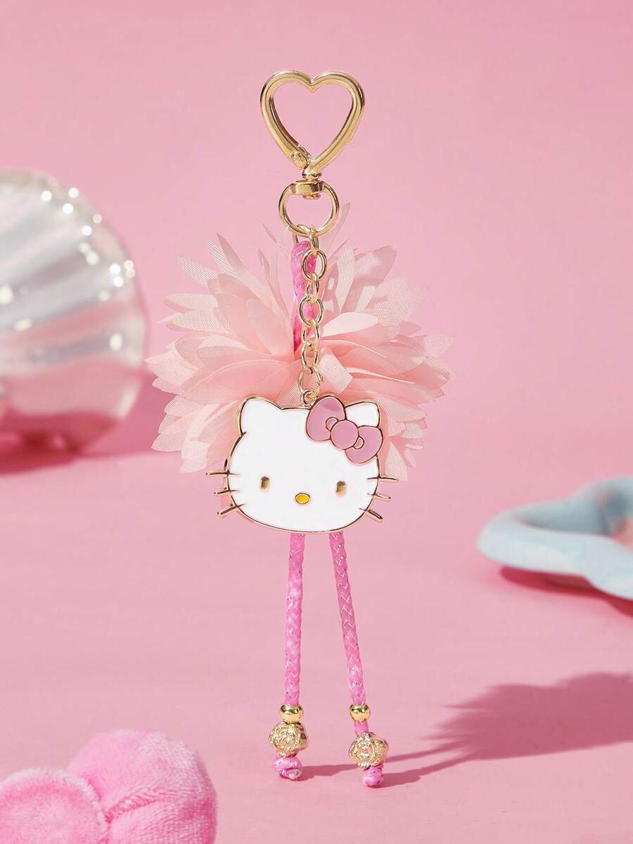 HELLO KITTY AND FRIENDS | SHEIN 可愛粉色紗布鑰匙圈,女孩愛心扣環,珠飾包包吊飾 - 淺粉色 - 查看 1