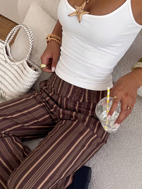 Aloruh Pantalones largos casuales de cuello alto a rayas versátiles para uso diario de mujer