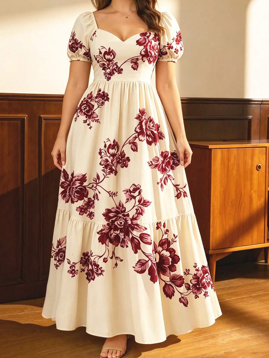 Auvina Vestido Elegante Feminino Plus Size com Decote Quadrado, Cintura Marcada, Estampa Floral e Silhueta A, Vestido Feminino, Vestido de Verão, Elegante para Encontro, Festa, Aniversário - Multicolorido - Visão 1