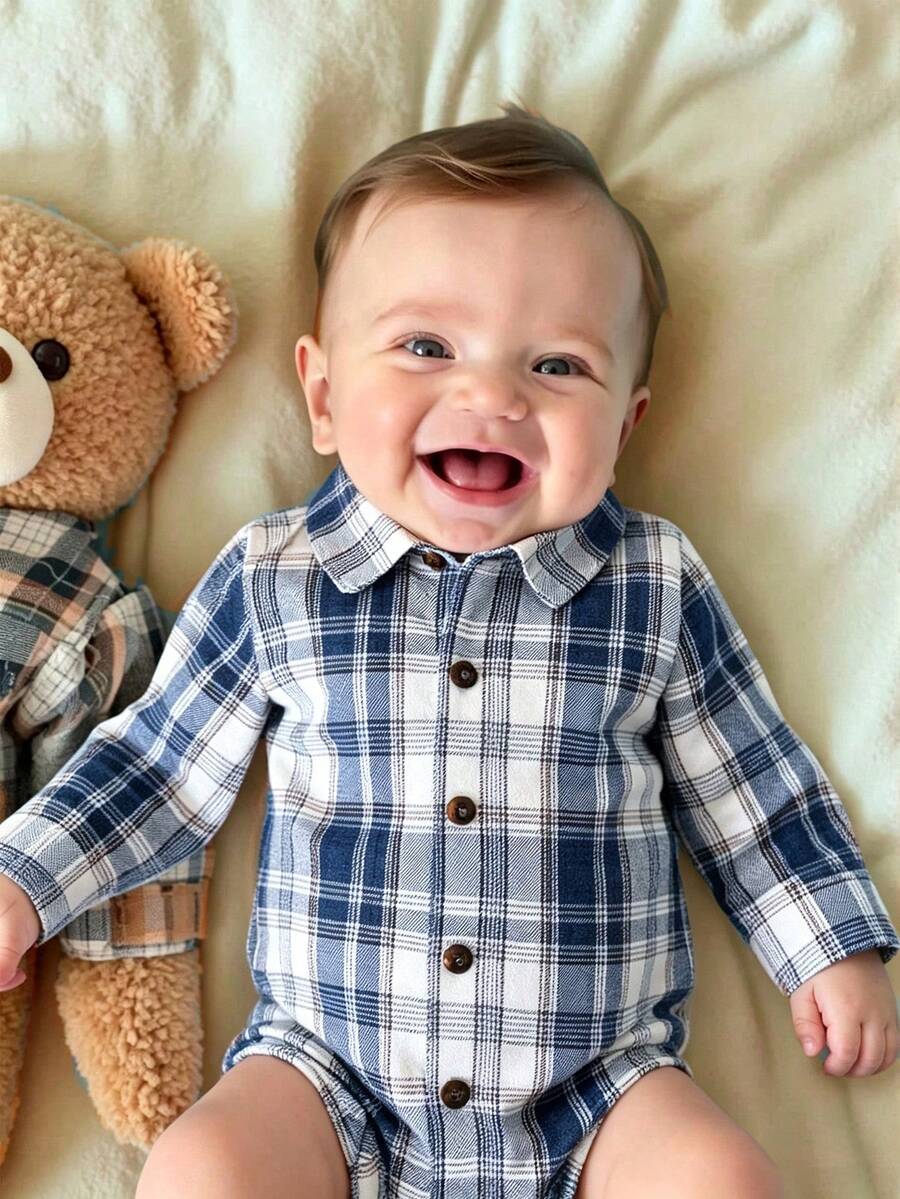 Souflis Souflis French Vintage Autumn/Winter New College Style Long Sleeve Plaid Romper For Boys, Suitable For Outings, Parties And Multiple Occasions