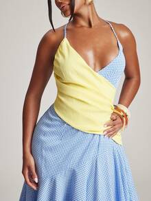 NYA SZN Dress Sleeveless Midi Length Two Tone Gingham Plaid Blue Gingham Summer Picnic Vacation Beach Brunch Bridal Shower Outfits For Women Sexy Tropical - Multicolor - View 4