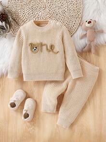 SHEIN Baby Boys Embroidered Knit Sweater & Pants Suit,Soft Summer Colour Palette,Autumn,Cute,Family Matching,Loose Fit Long Sleeve Christmas Outfit Set - Khaki - View 6