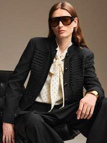Ontre Women's Black Comfortable Fabric Regular Shoulder Long Sleeve Small Stand Collar Front Opening Metal Button Decor Front Panel Palace Style Rope Embroidery Frog Button Decoration Modern Urban Fashion Business Casual Office Wear Low-Key Old Money Style Elegant Commute High-Quality Airport Autumn Essential Premium Comfortable Old Money Style Women's Regular Jacket - Black - View 7