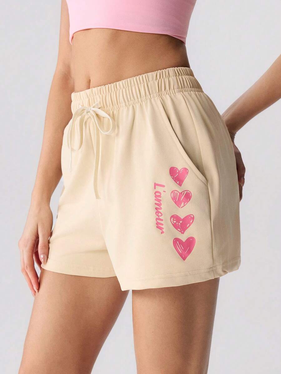 Loungeista Women's Khaki Summer Casual Shorts With Heart Letter Print, Drawstring Waist And Side Pockets