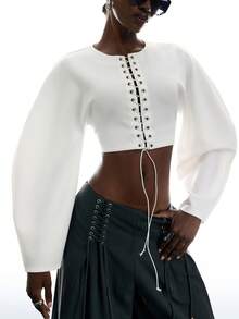 LYSMO Moletom Feminino Casual Sexy Techno Versátil para o Dia a Dia com Design de Cadarço, Cor Sólida, Roupa de Outono para Sair, Noite e Balada, Branco e Marrom Escuro - Branco - Visão 5