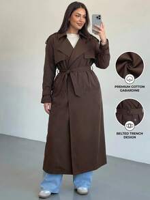 SHEIN Tall CURVE Plus Size Tall Women's Brown British Style Elegant Retro Double Breasted Autumn Warm Tie Collar Long Trench Coat Formal Office Airport Teachers' Day - Coffee Brown - View 3