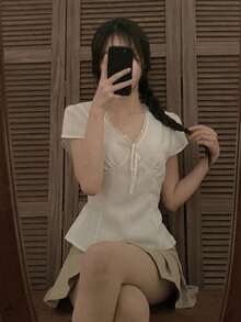 DAZY 女款休閒純色蕾絲拼接上衣校園風 - 白色 - 查看 6