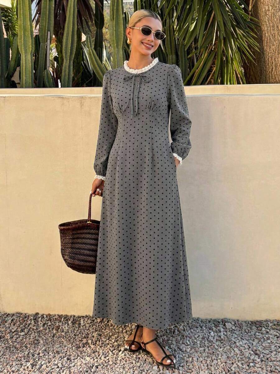 FRIFUL Patchwork Contrast Color Lace Trim Long Sleeve Cinched Waist Polka Dot Sweet Casual Versatile Dress - Grey - View 1