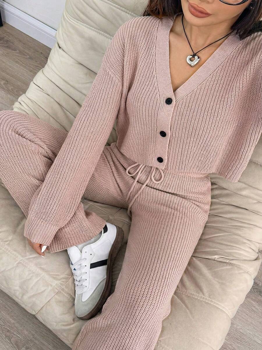 SHEIN EZwear 秋冬季女士休闲纯色宽肩带开衫搭配抽绳喇叭裤两件套 - 藕粉色 - 查看 1
