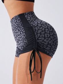 Menodora SHEIN Sport 女款豹紋側抽繩高腰修身運動短褲 - 彩色 - 查看 6