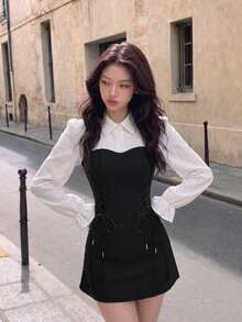 SHEIN MOD Hai âm Lace lên phía trước tay áo lá sen Đầm - Nhiều màu - Xem 1