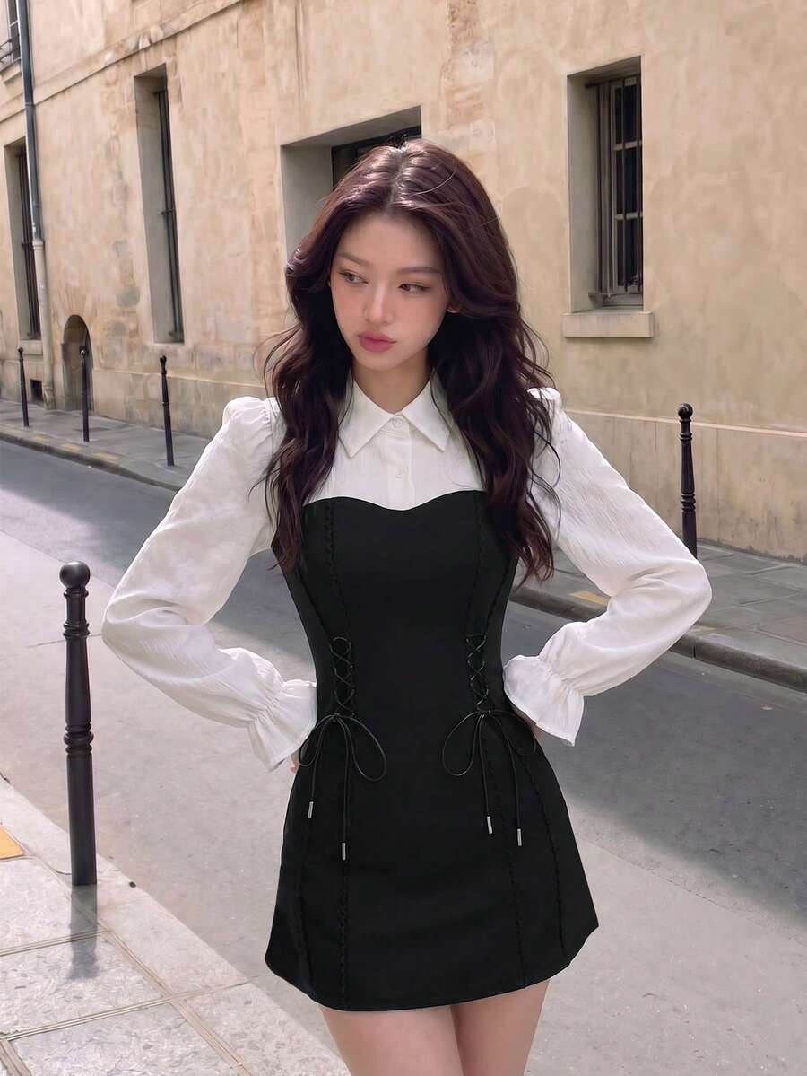 SHEIN MOD Hai âm Lace lên phía trước tay áo lá sen Đầm - Nhiều màu - Xem 1