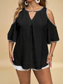 Freevana Blusa de talla grande con bordado de concha, color contrastante, plisada y hombros descubiertos, adecuada para festival de música Y2K - Multicolor - Ver 3