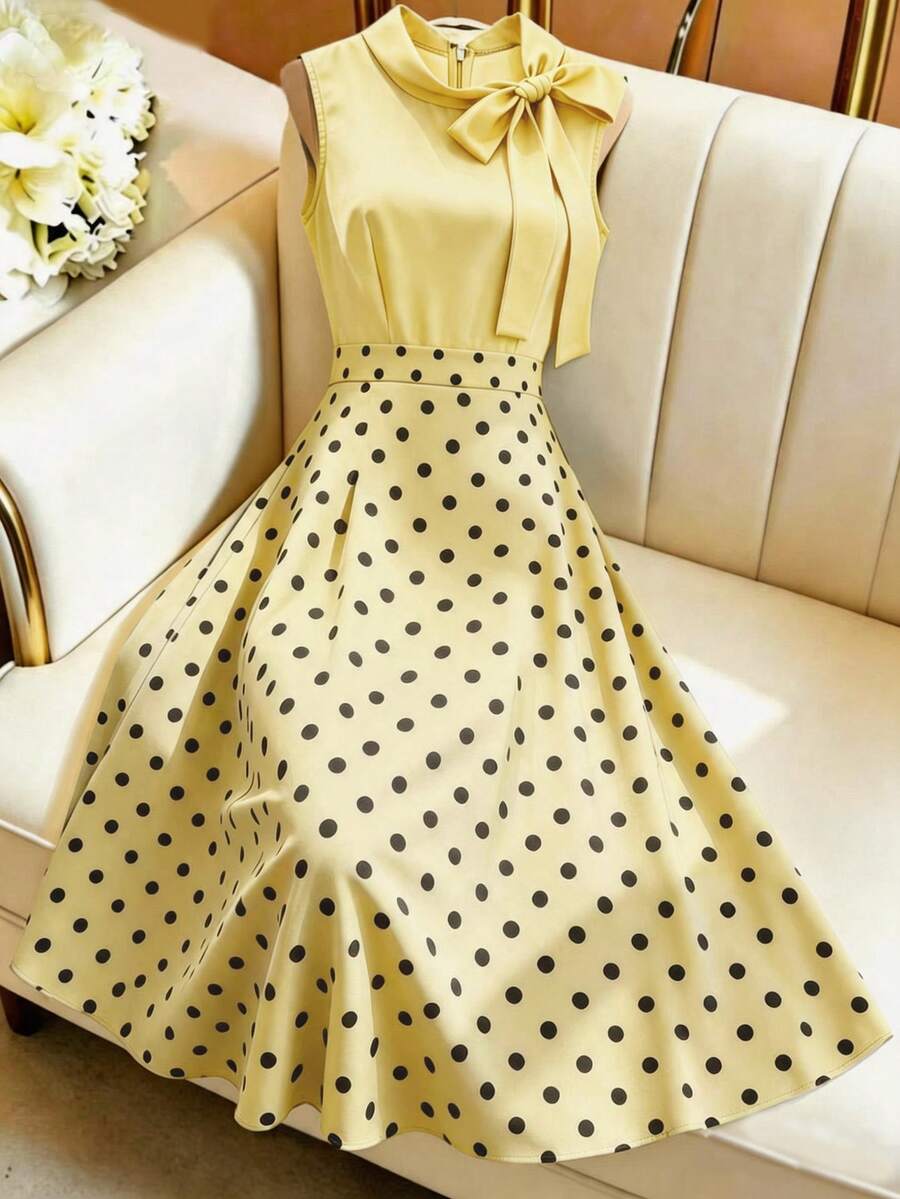 GlowEve 夏季優雅波點印花拼接領口繫帶洋裝 - 黃色 - 查看 1