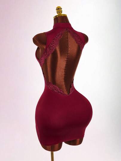 Amplova Women's Long Lace Backless Wrap Fitted Mini Stand Collar Sexy Avant-Garde Casual Date Outfit Elegant Sexy Water Drop Cutout Back Detail