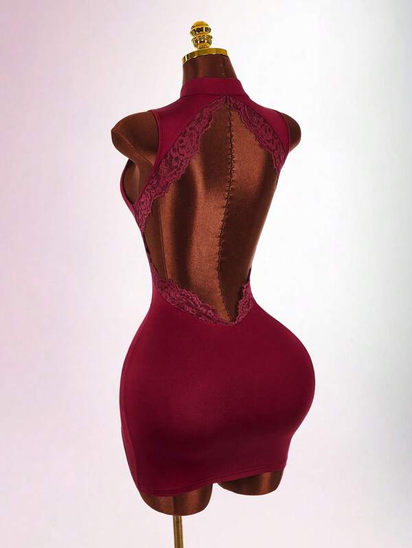 Amplova Women's Long Lace Backless Wrap Fitted Mini Stand Collar Sexy Avant-Garde Casual Date Outfit Elegant Sexy Water Drop Cutout Back Detail