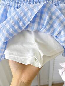 SHEIN Tween女孩腰部抓褶黑白條紋迷你裙，內建內搭褲防走光，適合休閒度假、校園與街頭穿搭 - 彩色 - 查看 7