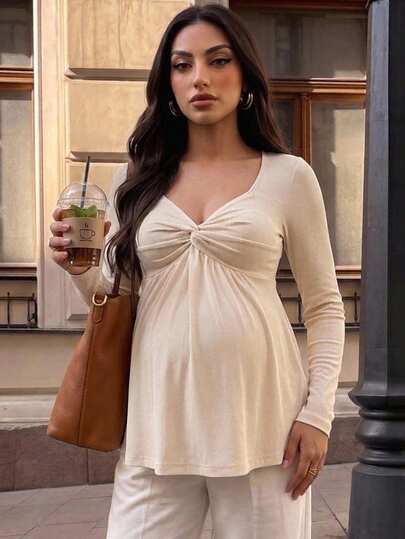 SHEIN Maternity Solid Color Sweetheart Neckline Twist Design Long Sleeve Casual T-Shirt