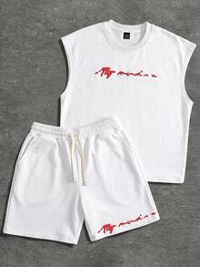 PAVTROS Men's Embossed Round Neck Tank Top And Drawstring Waist Pocket Shorts Set - White - View 2