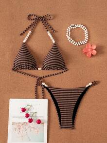 Swim Vcay Women's Summer Beach Striped Colorblock Halter Tie Sexy Bikini And Triangle Bottom Two-Piece Swimsuit Set - Coffee Brown - View 4