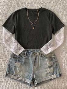 Dazy Plus Plus Size Contrast Color Lace Patchwork Striped T-Shirt Cute Tops - Grey - View 6
