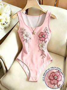 SHEIN Franclia 女款新款U領無袖花卉拼接印花杏色修身百搭連身衣 - 粉色 - 查看 1