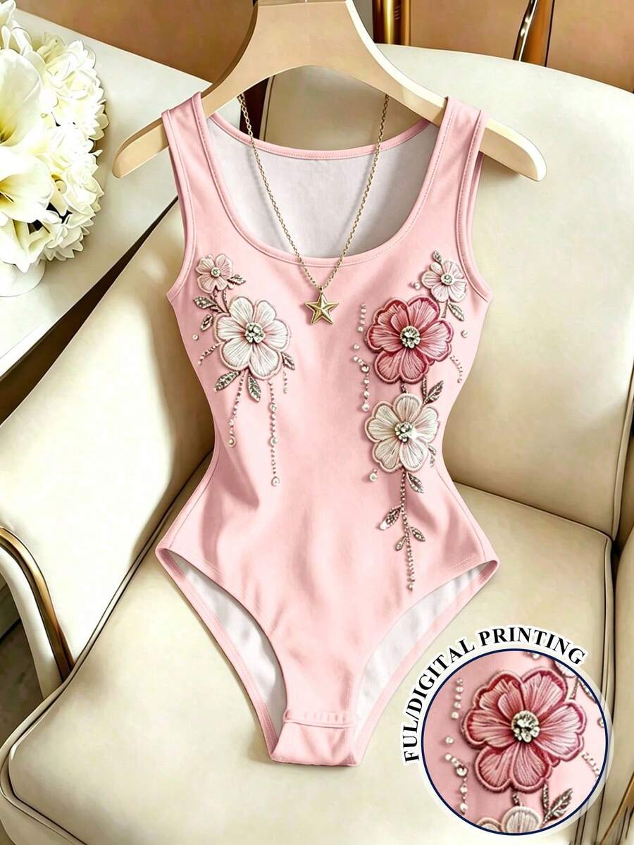 SHEIN Franclia 女款新款U領無袖花卉拼接印花杏色修身百搭連身衣 - 粉色 - 查看 1