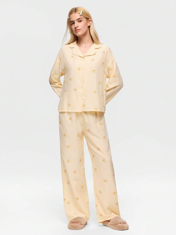 Bonmuse 2pcs Women Loose Comfortable Breathable Long Sleeve Top And Long Pants Pajama Set