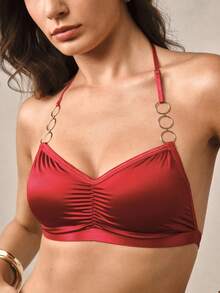 Hourtrue Bra Nyaman Wanita Warna Polos dengan Desain Lipit dan Cincin Melingkar (Tanpa Bantalan) - Burgundy - View 5