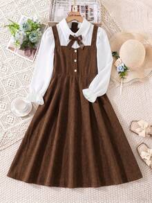 Gaun Anak Perempuan (Ukuran Besar) Berkerah Korduroi Cokelat, Musim Gugur/Musim Dingin, Sekolah/Kasual - Coklat - View 3