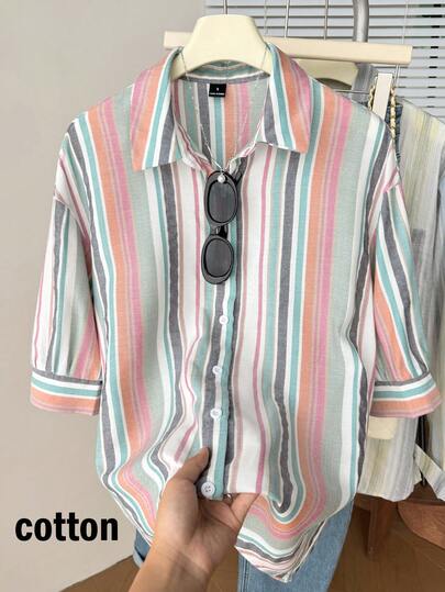 SHEIN Frenchy Women's Drop Shoulder Striped Shirt Summer Vacation