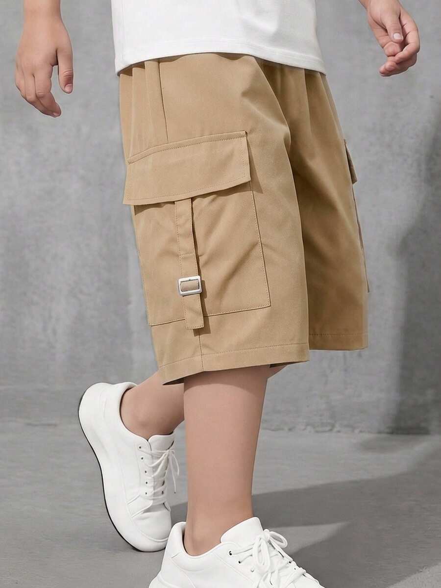SHEIN 1件兒童青少年男孩休閒日常舒適3D口袋寬鬆素色梭織短褲工裝褲,Y2K穿搭,適合春夏戶外穿著、情人節、出遊、旅行、度假、家庭聚會、開學季、婚禮季、晚會、運動、生日派對 - 卡其色 - 查看 1